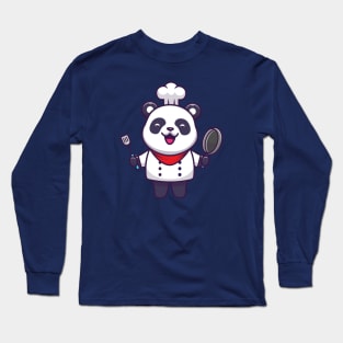 Cute Panda Chef Holding Pan And Spatula Cartoon Long Sleeve T-Shirt